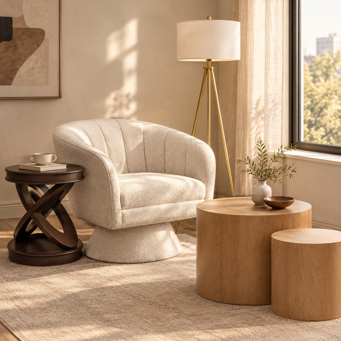 Beige boucle swivel chair, brass floor lamp, walnut nesting tables and espresso side table in a warm reading corner