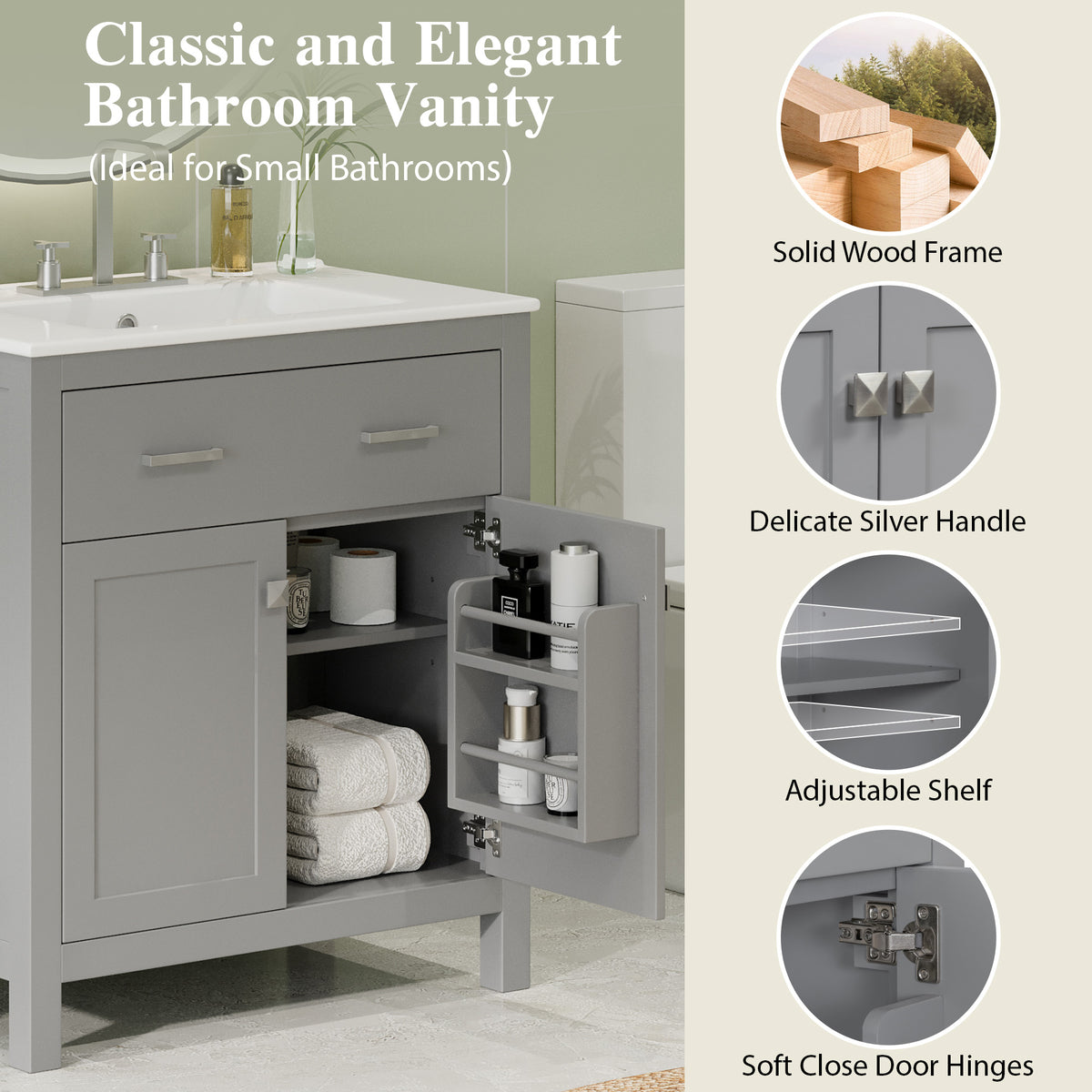 Gray bathroom vanity — styled view