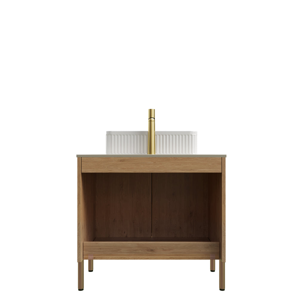 Natural Wood bathroom vanity — styled view