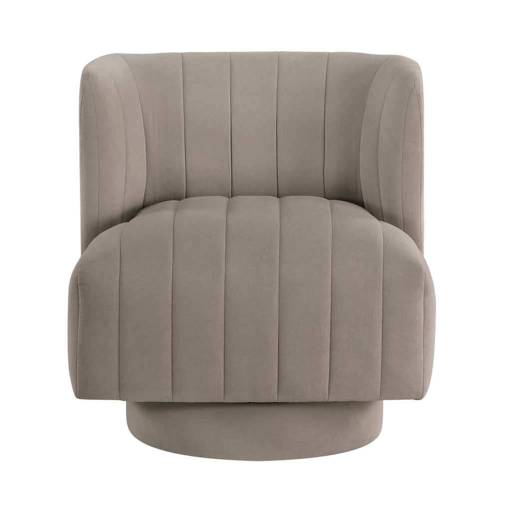 taupe barrel accent chair — front view