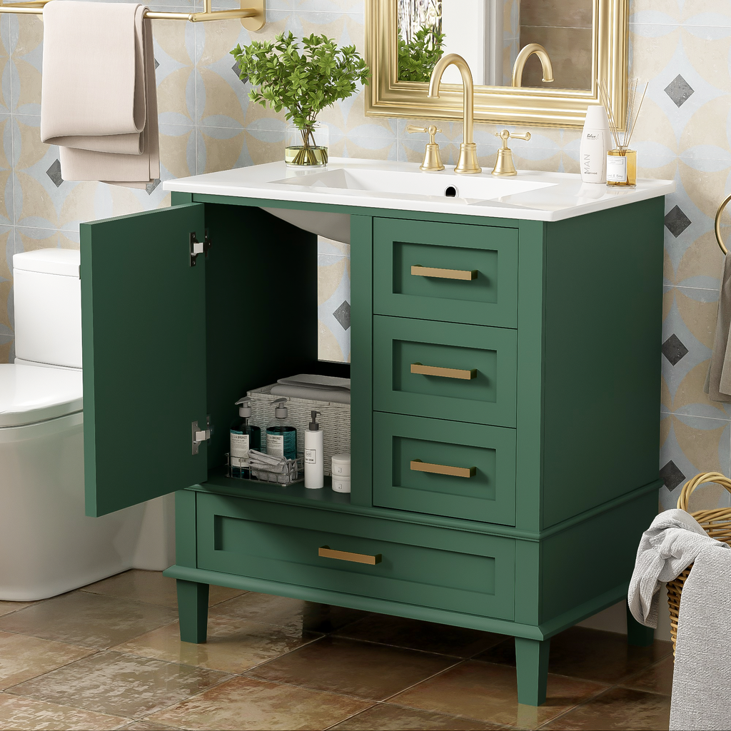 Green bathroom vanity — detail view