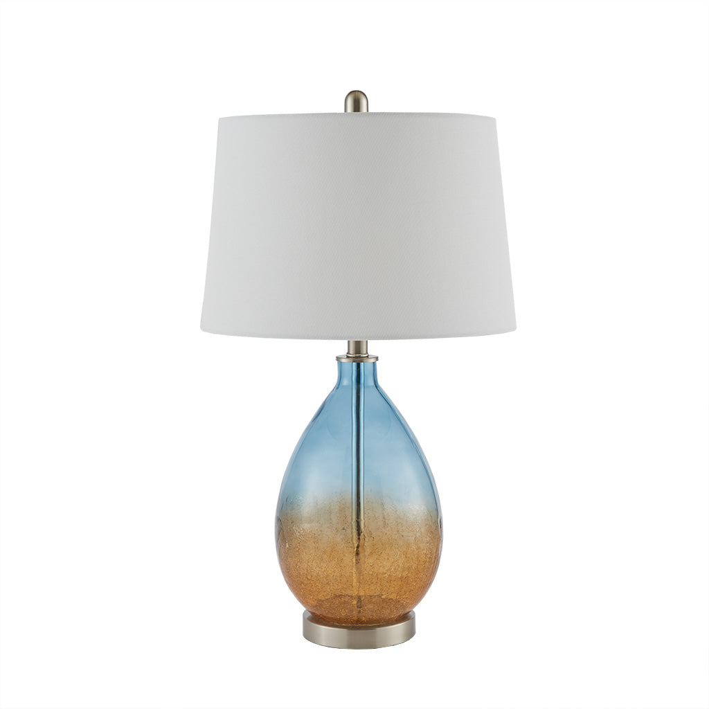 Ombre glass table lamp detail showing the blue glass