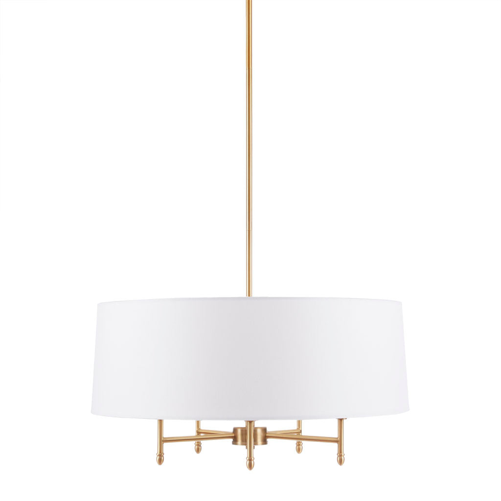 White drum shade chandelier, side view showing the brass metal frame