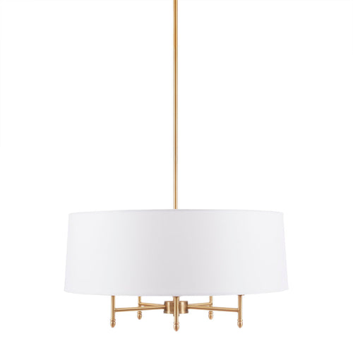 White drum shade chandelier, side view showing the brass metal frame