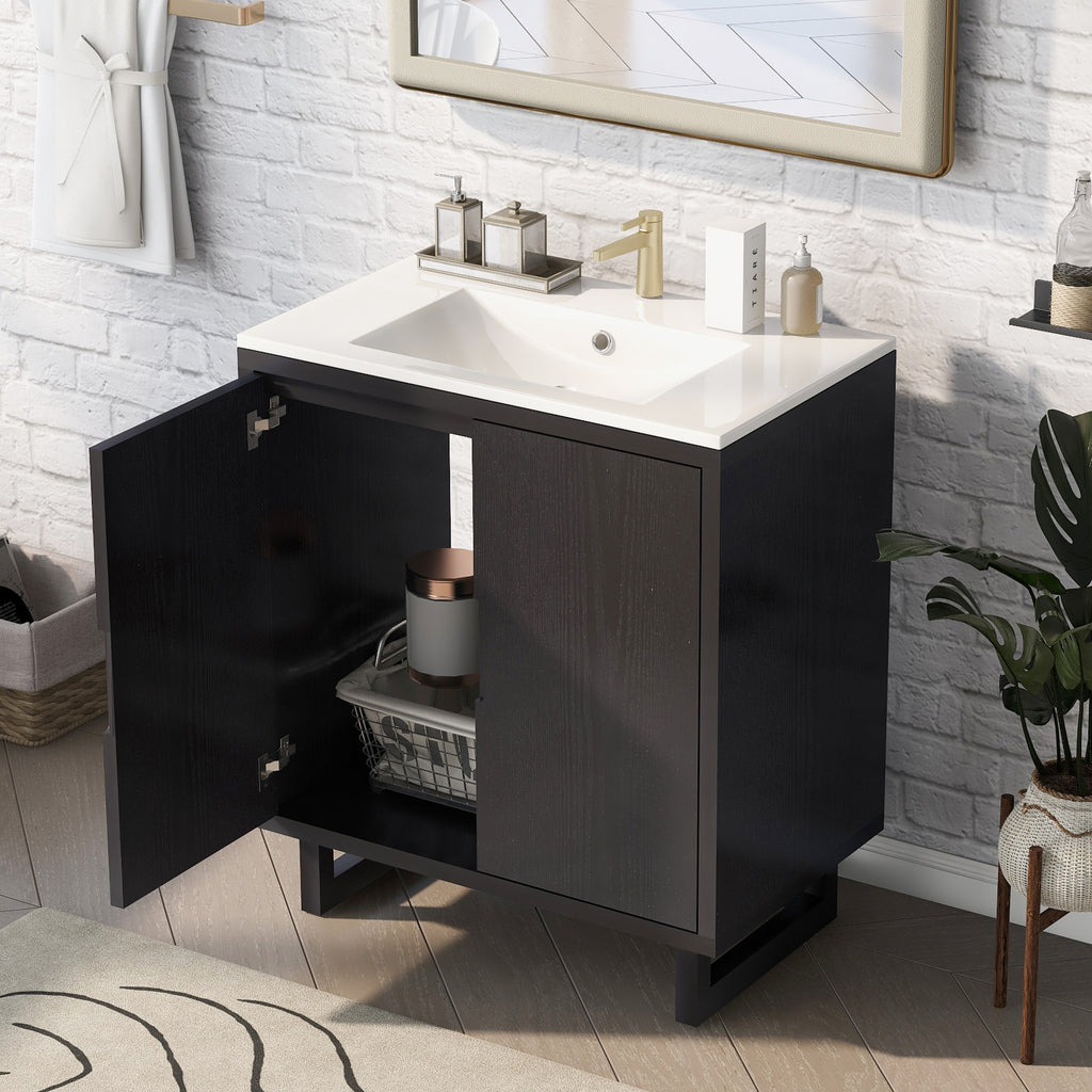 Black bathroom vanity — front view