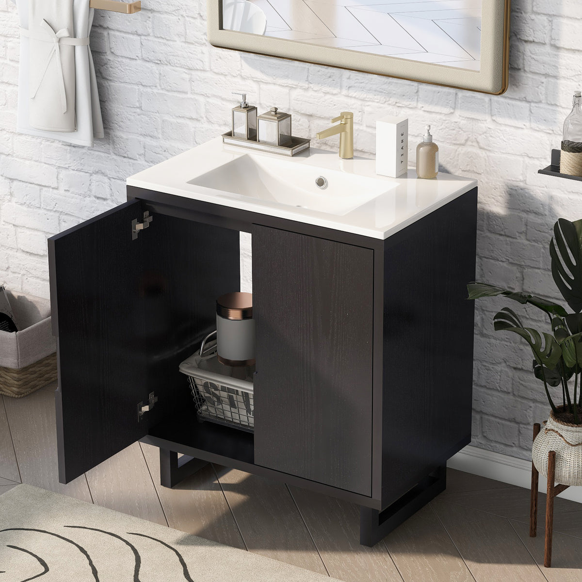 Black bathroom vanity — front view