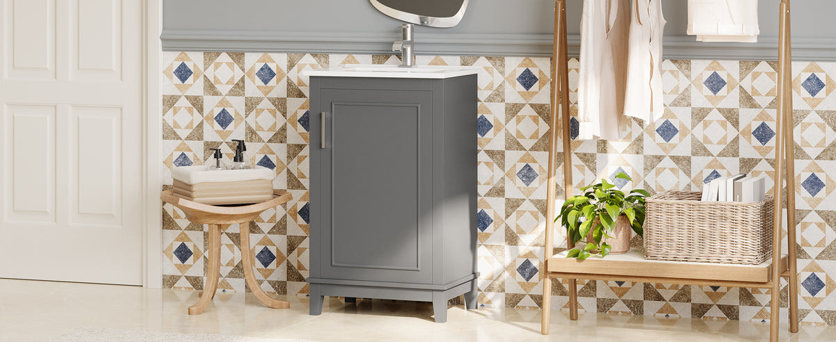 Gray bathroom vanity — alternate angle