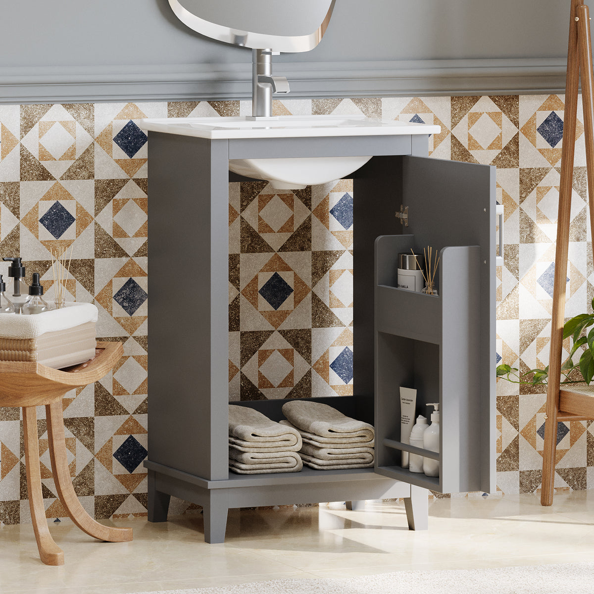 Gray bathroom vanity — front view