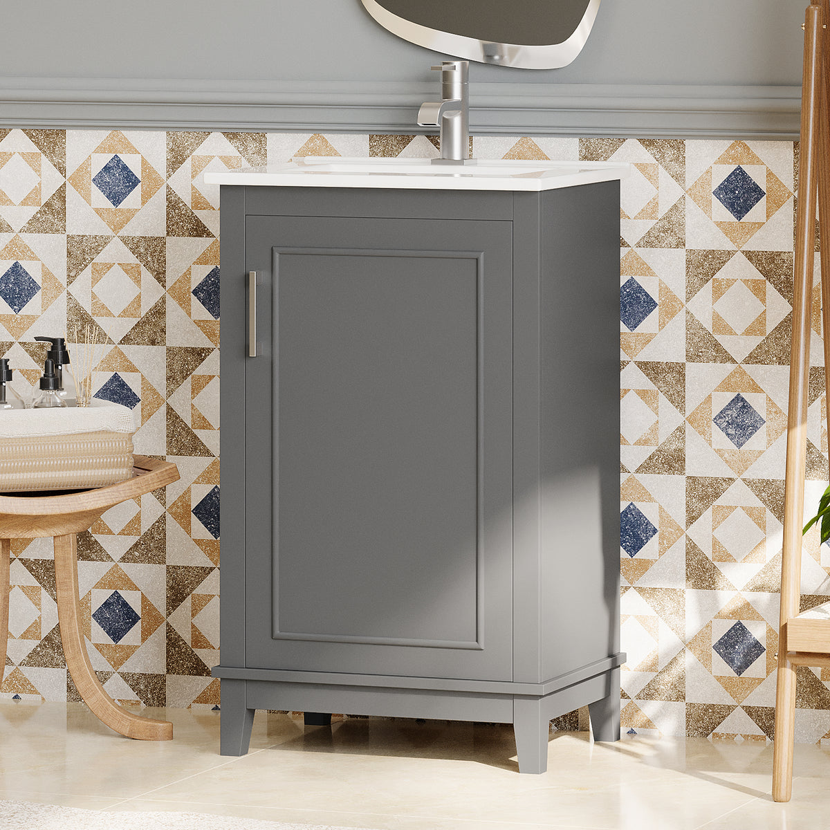 Gray bathroom vanity — detail view