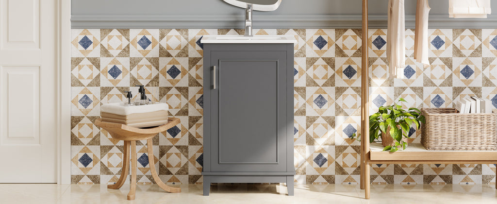 Gray bathroom vanity — side view