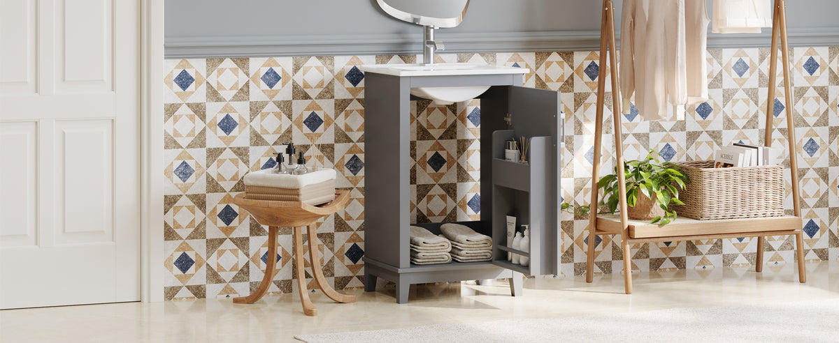 Gray bathroom vanity — styled view