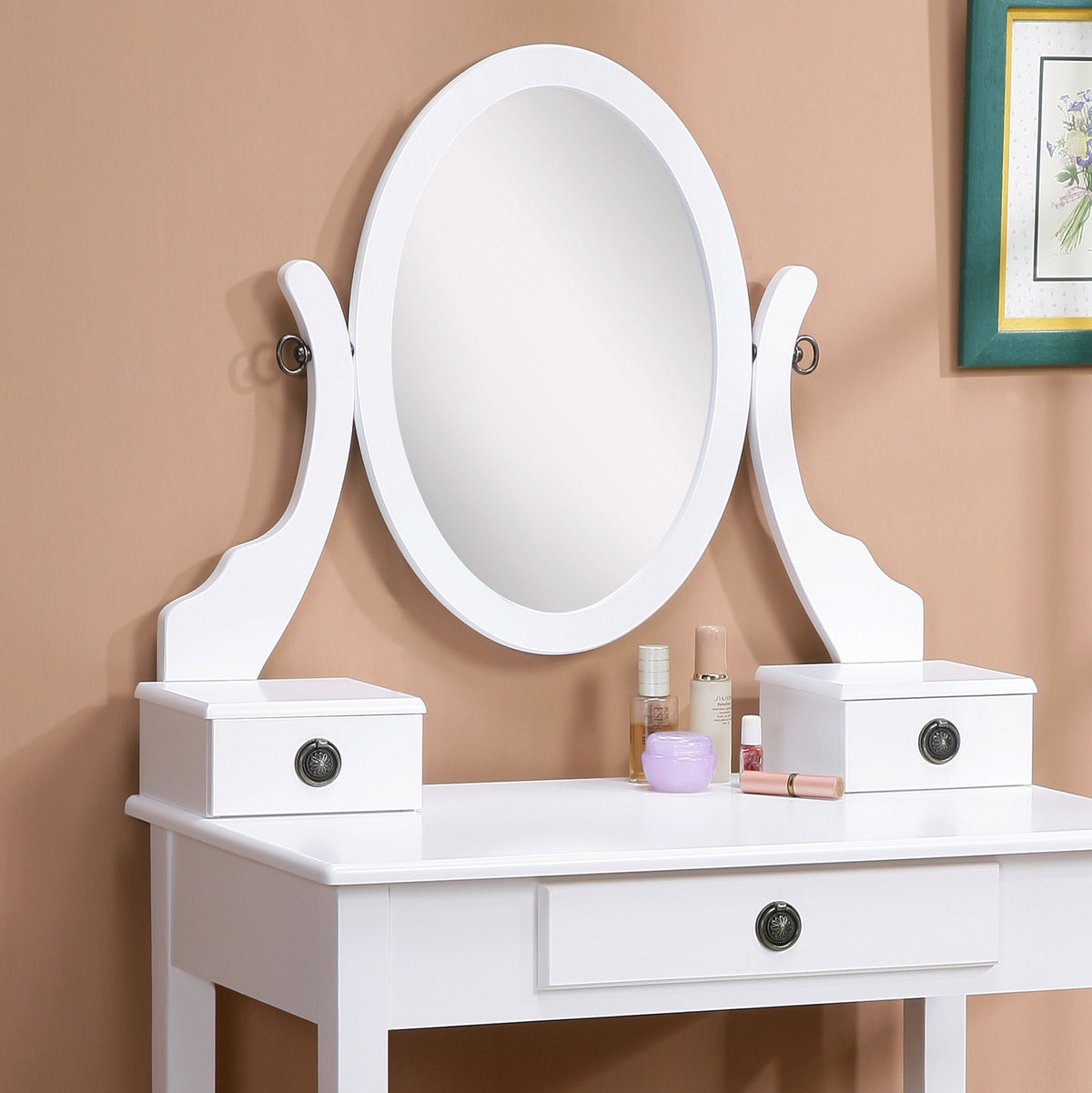 White vanity desk — styled view