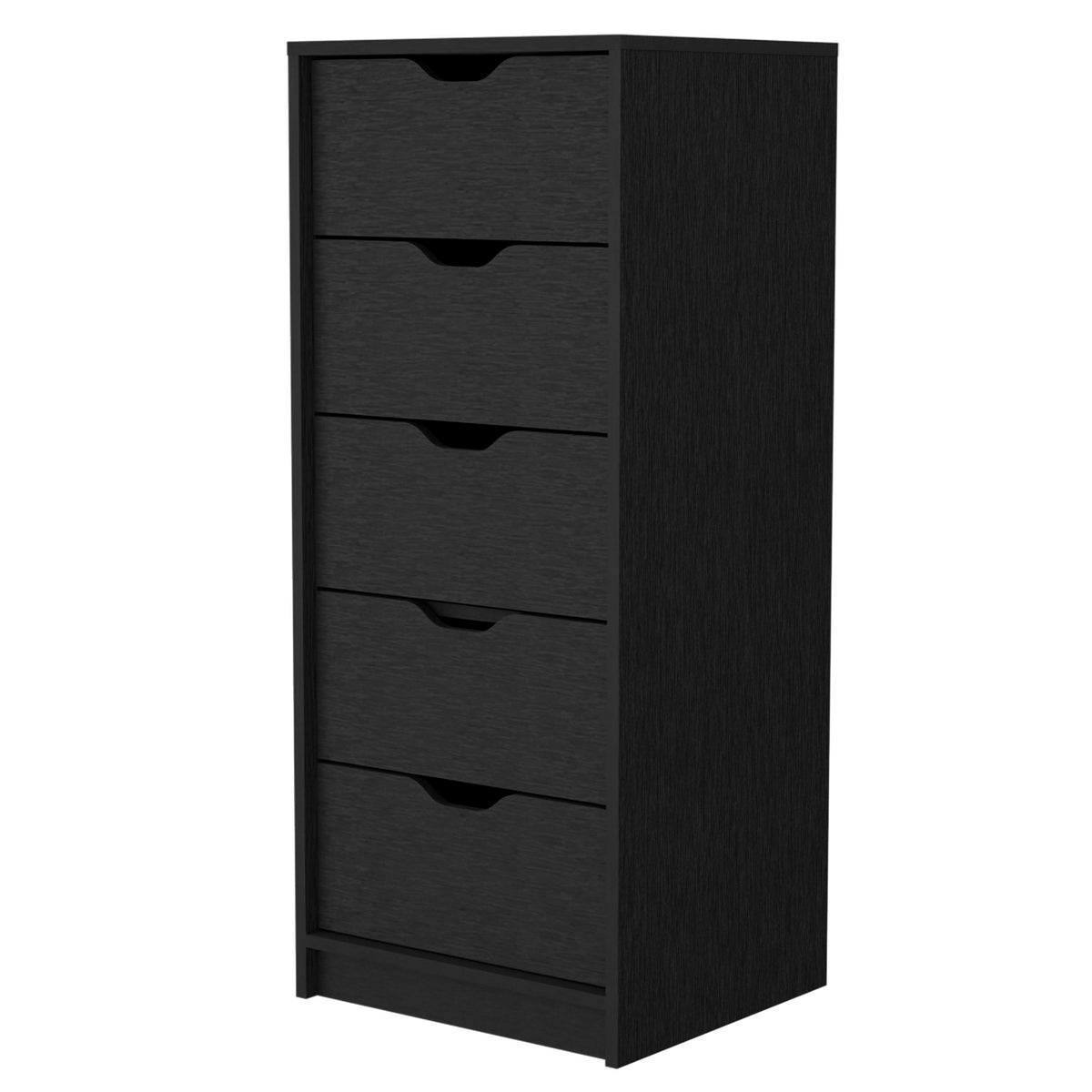 Narrow dresser, front view showing five drawers with cut-out handles