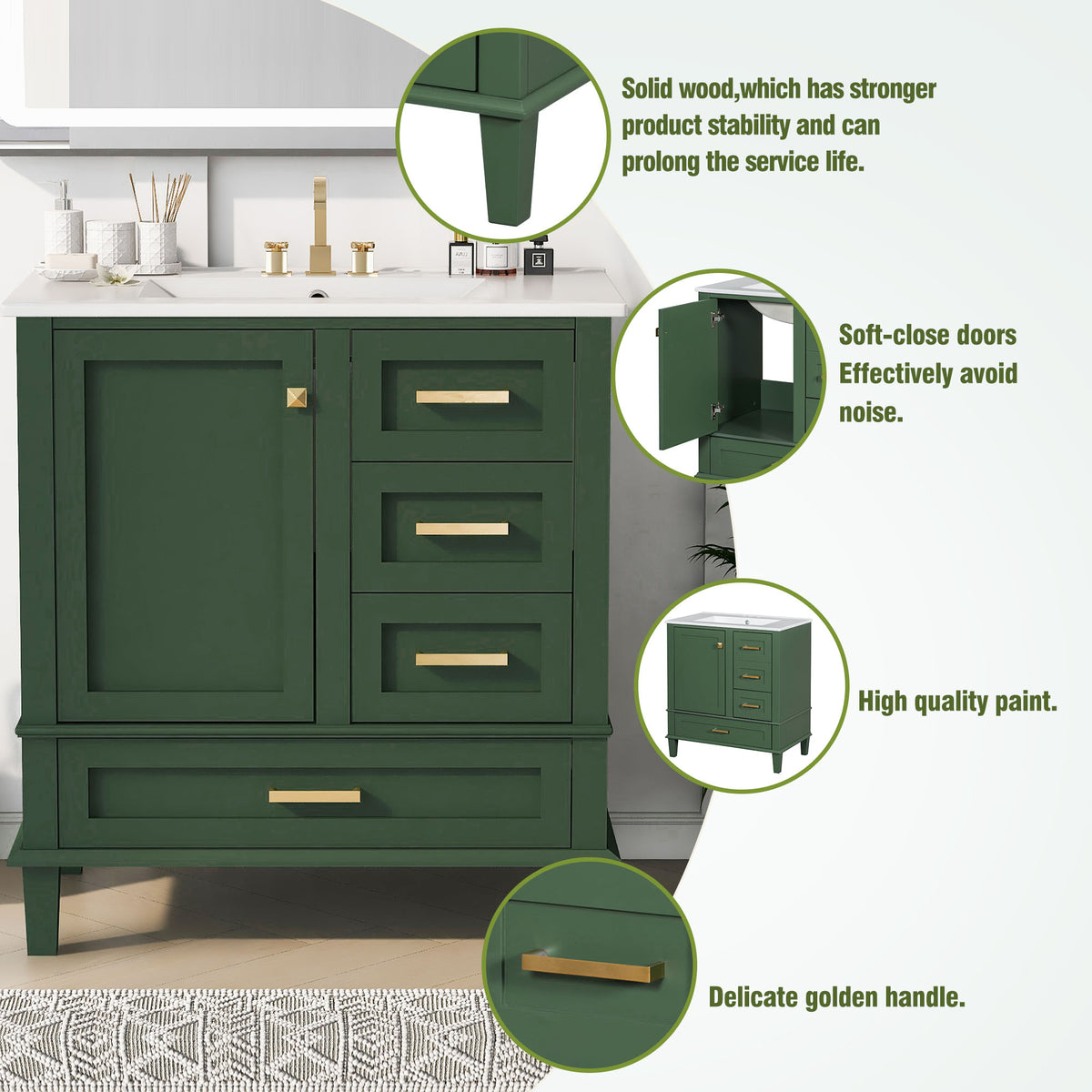Green bathroom vanity — side view