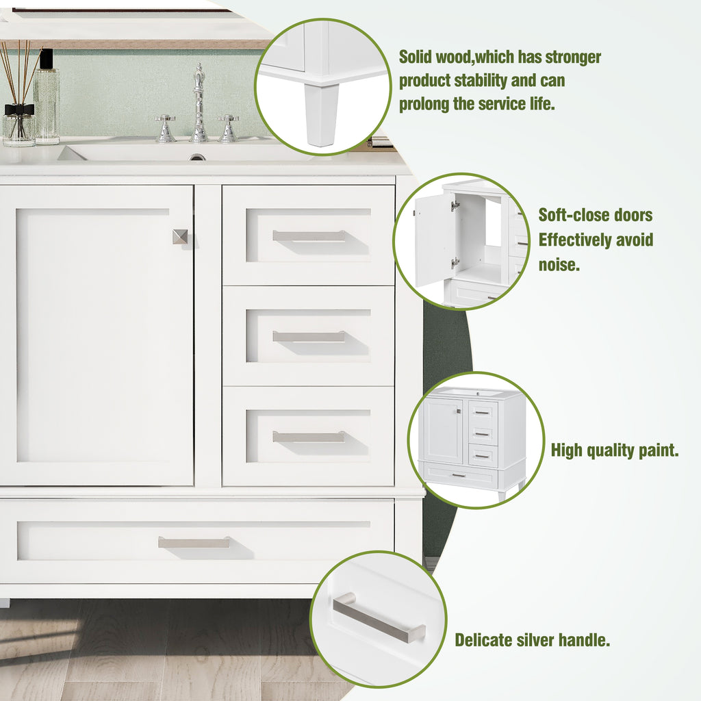 White bathroom vanity with open drawer storage in a modern bathroom