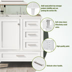 White bathroom vanity with open drawer storage in a modern bathroom