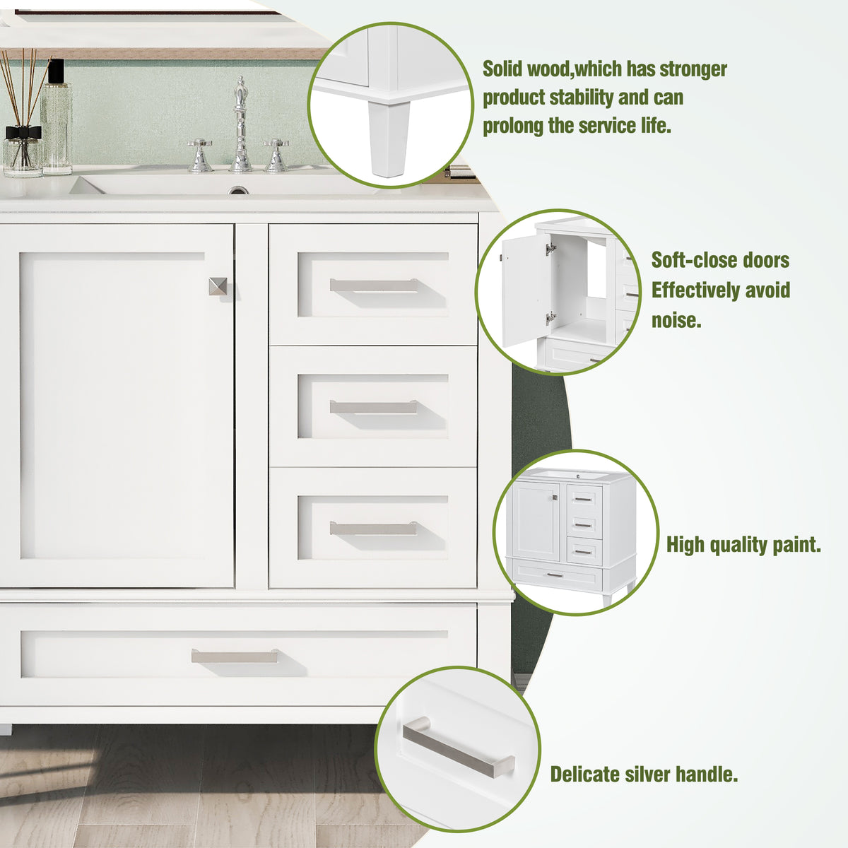 White bathroom vanity with open drawer storage in a modern bathroom