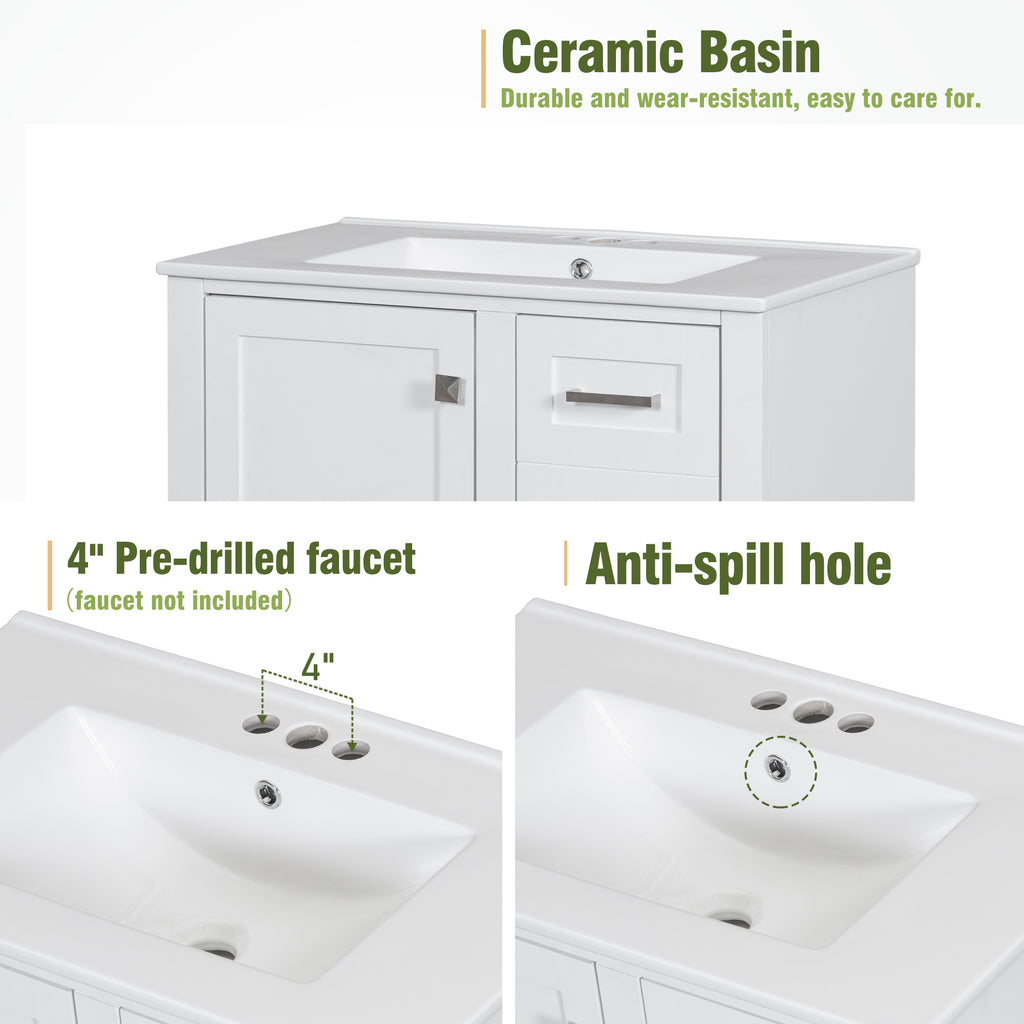 White 30-inch bathroom vanity installed in a tiled bathroom with mirror and faucet