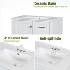 White 30-inch bathroom vanity installed in a tiled bathroom with mirror and faucet
