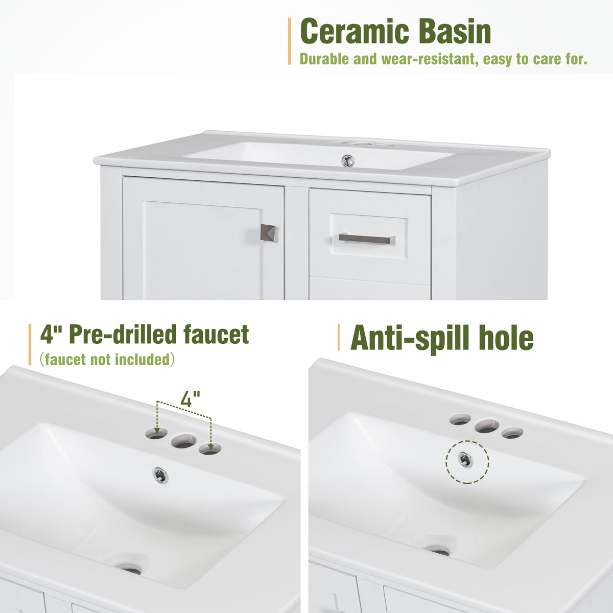 White 30-inch bathroom vanity installed in a tiled bathroom with mirror and faucet