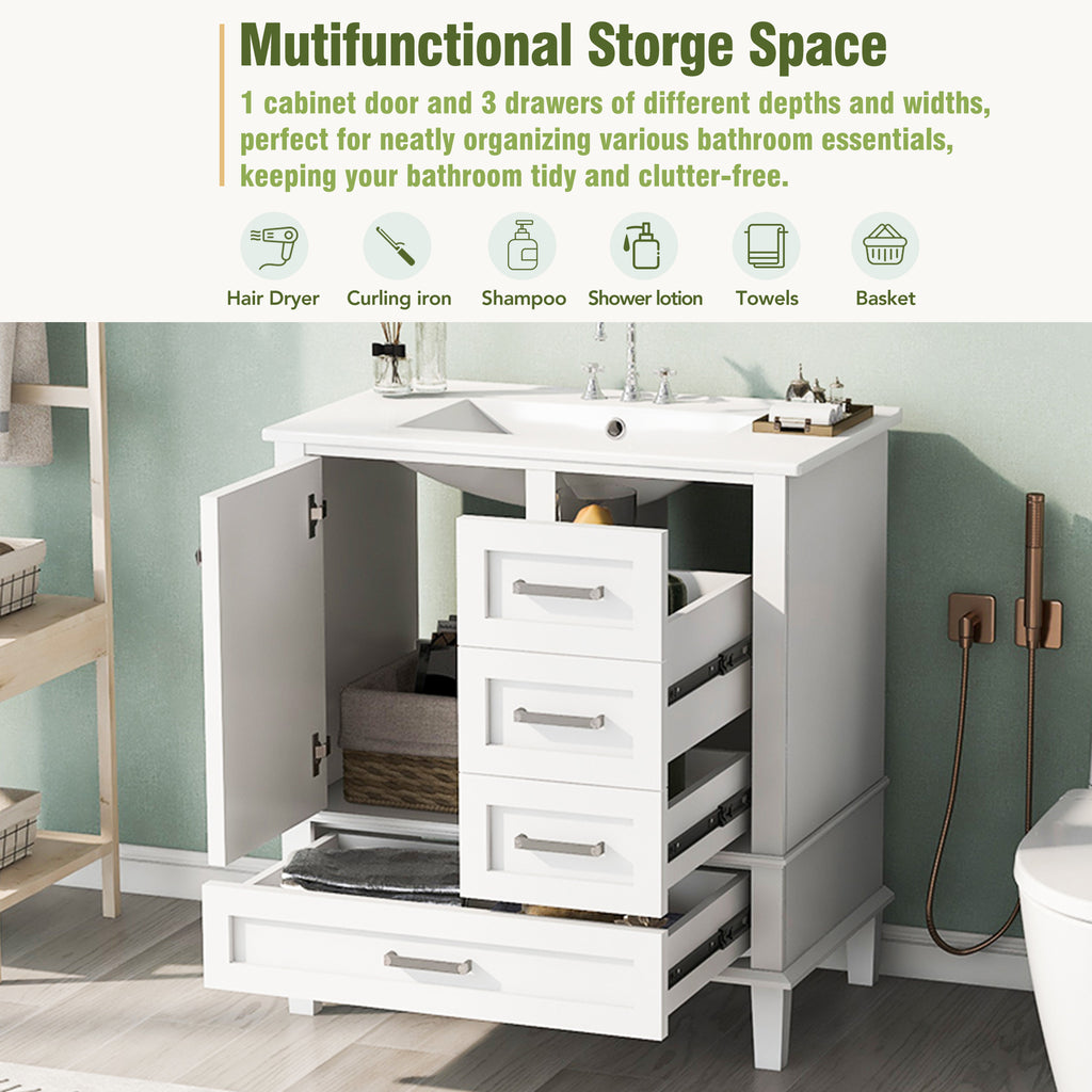 White bathroom vanity in a styled bathroom setting