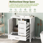 White bathroom vanity in a styled bathroom setting