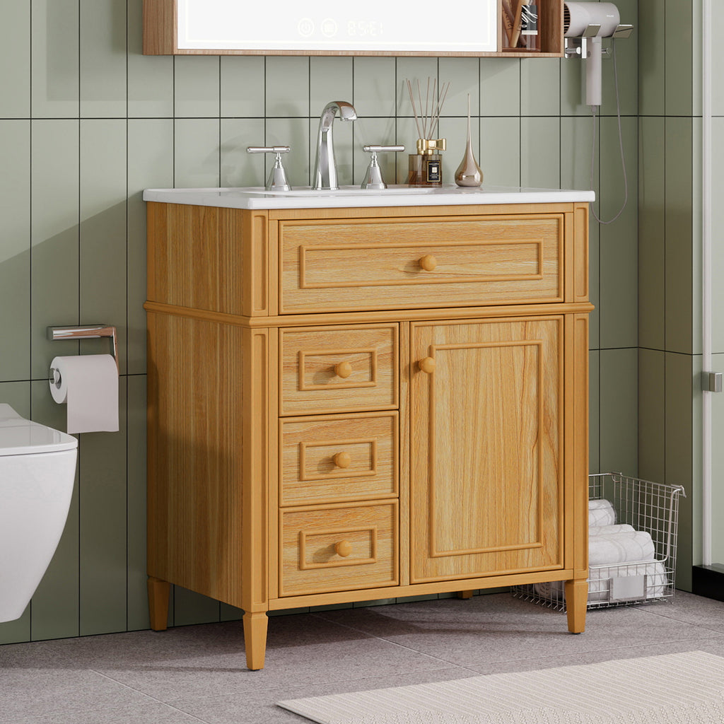 Wood bathroom vanity — front view
