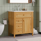 Wood bathroom vanity — front view