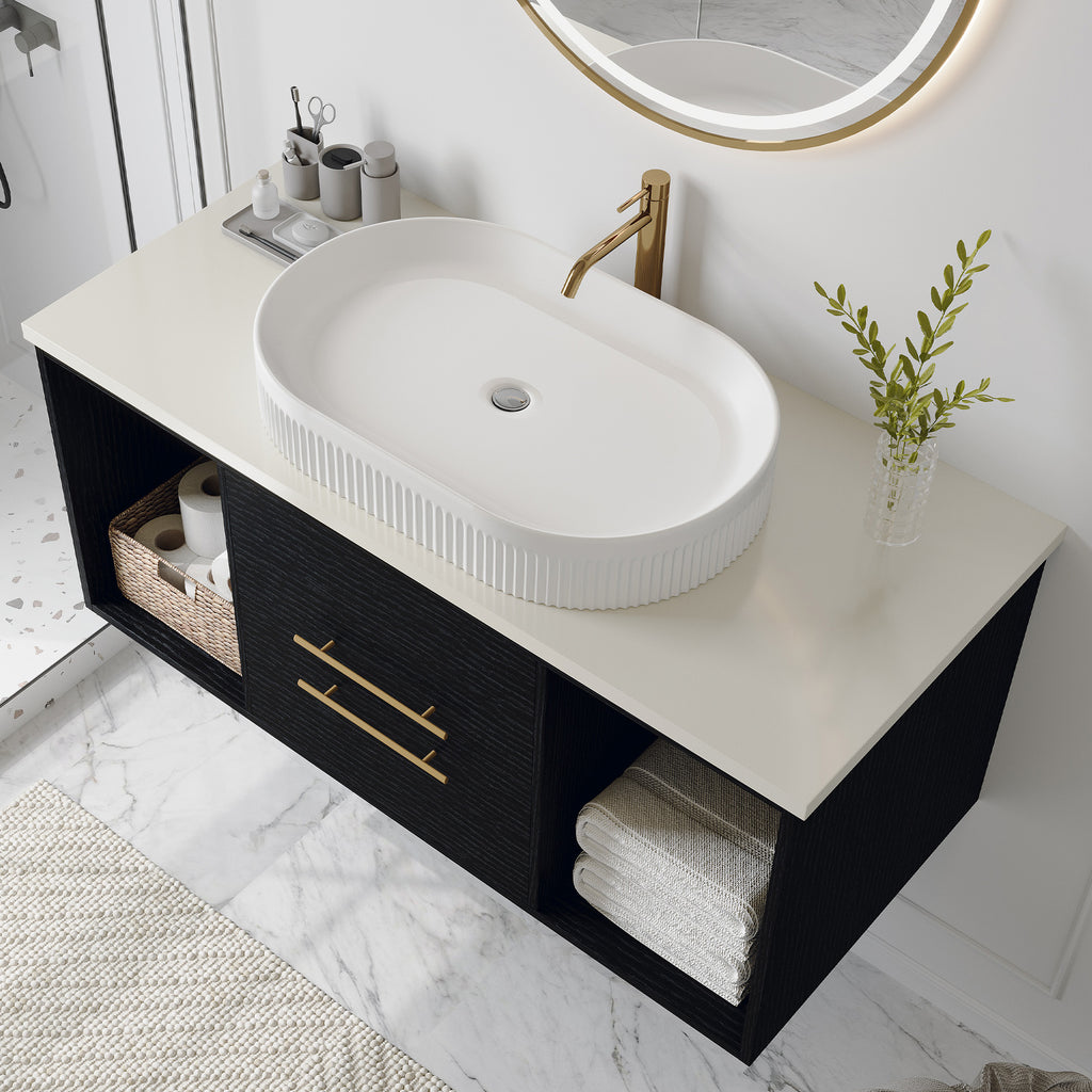 White bathroom vanity — front view
