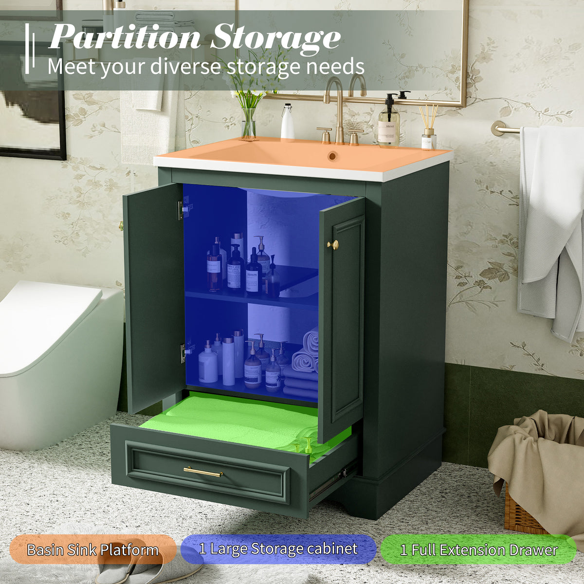 Green bathroom vanity — alternate angle