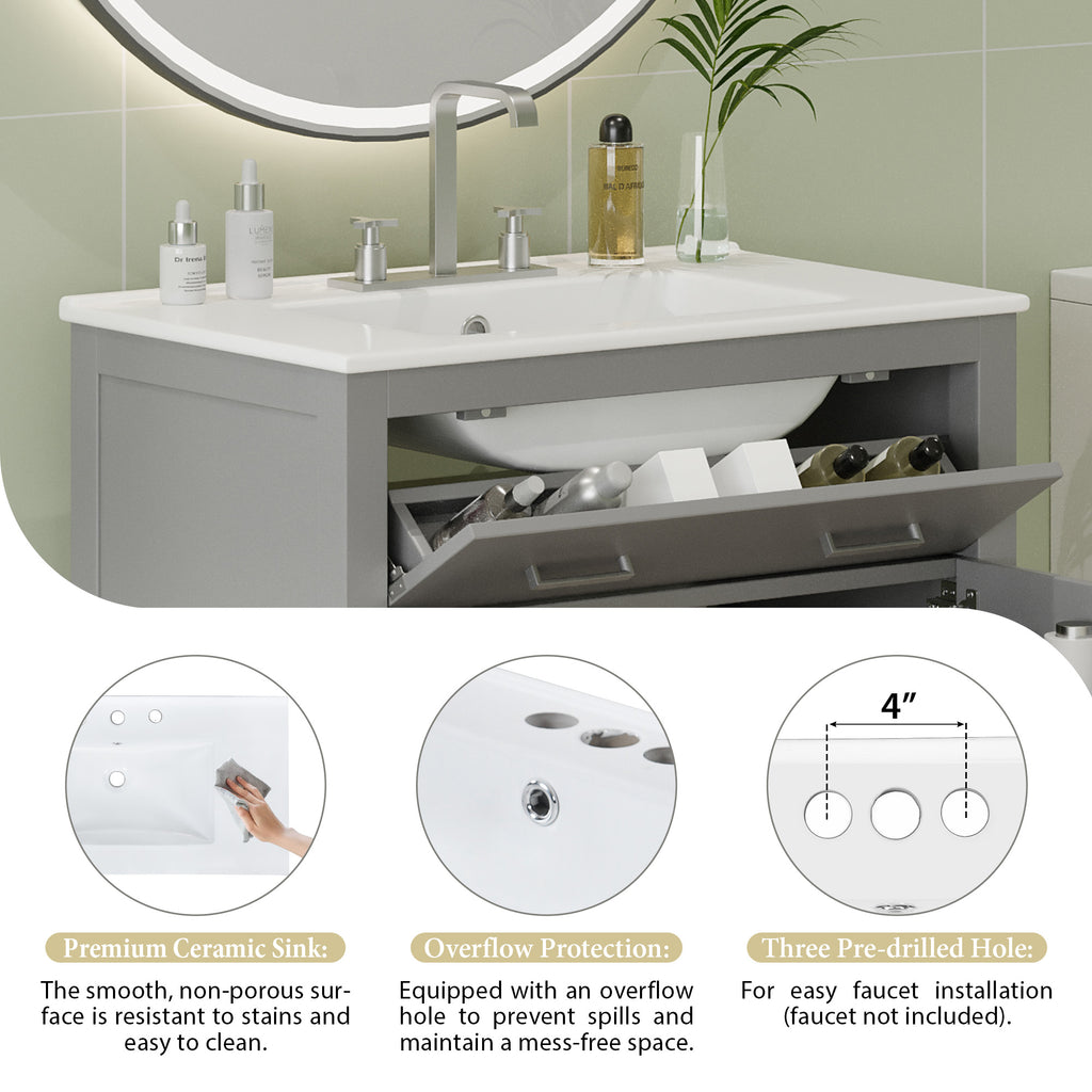 Gray bathroom vanity — alternate angle