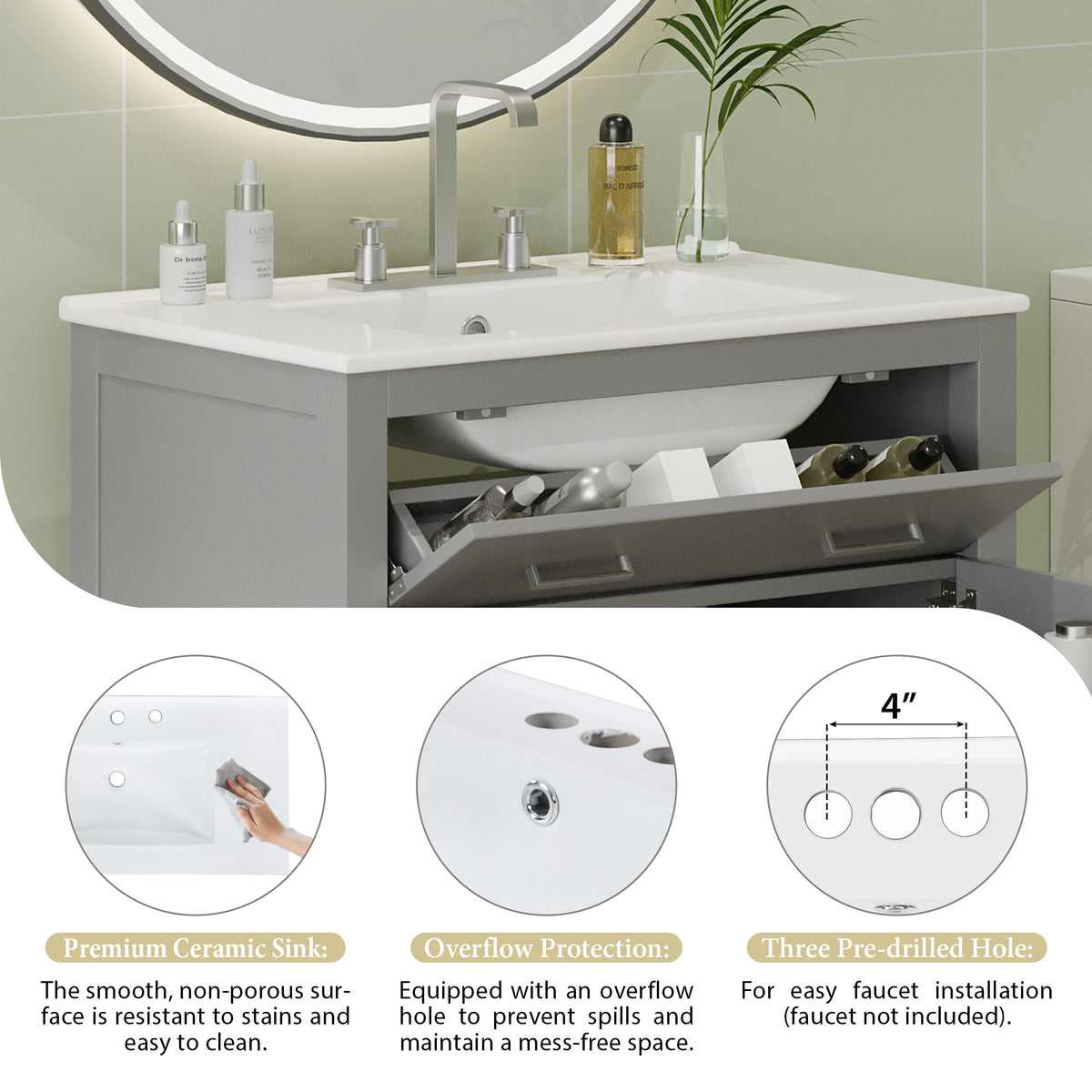 Gray bathroom vanity — alternate angle