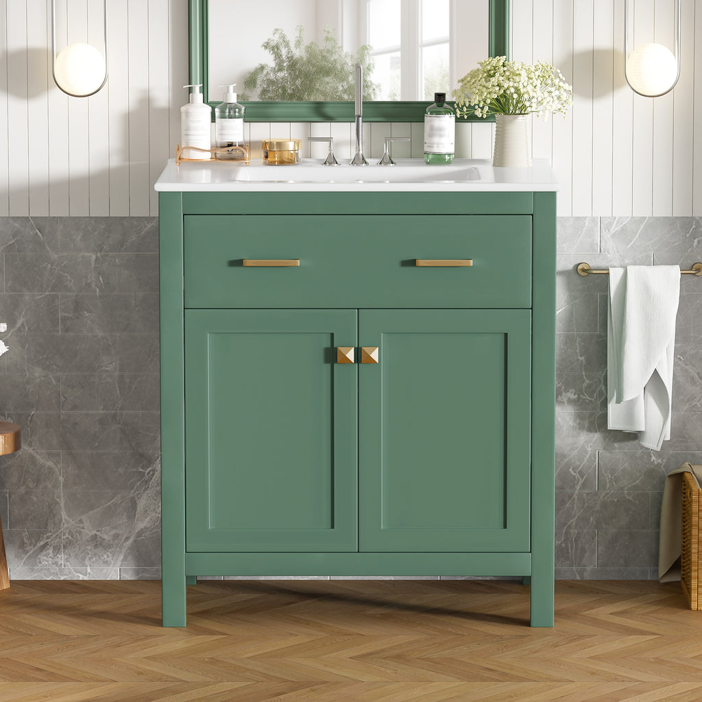 Green bathroom vanity — detail view