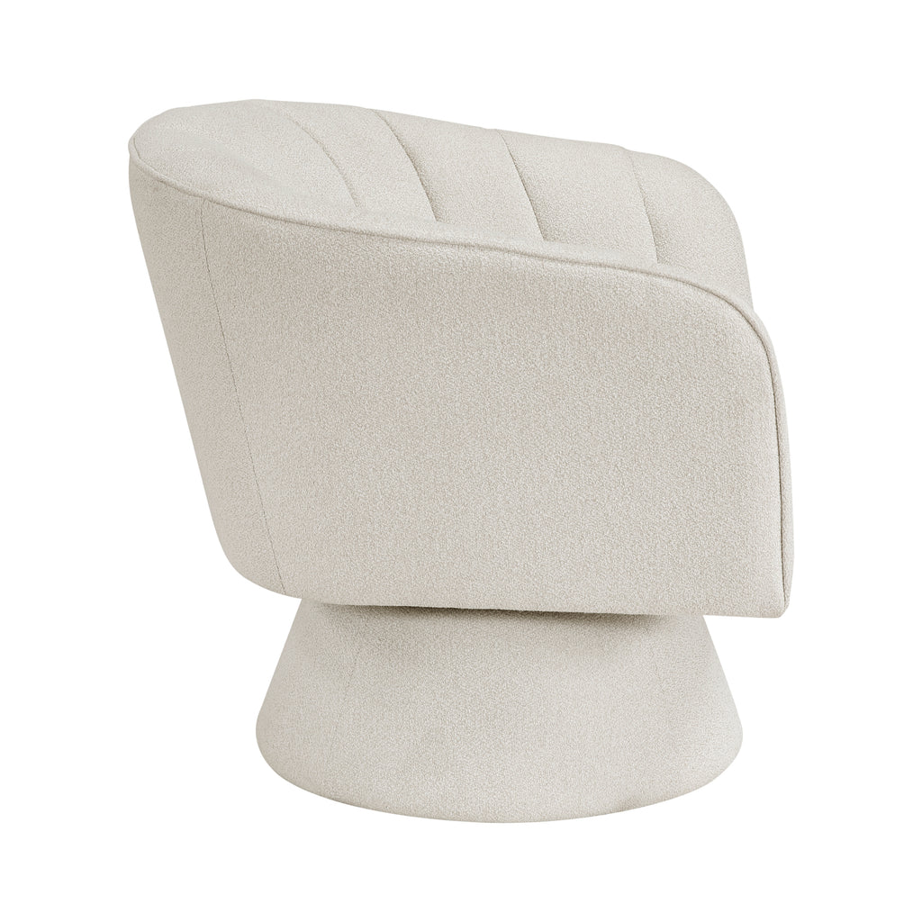Beige boucle accent chair upholstery and cushion detail