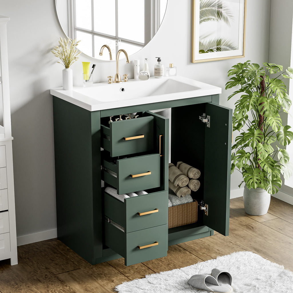 Green bathroom vanity — styled view