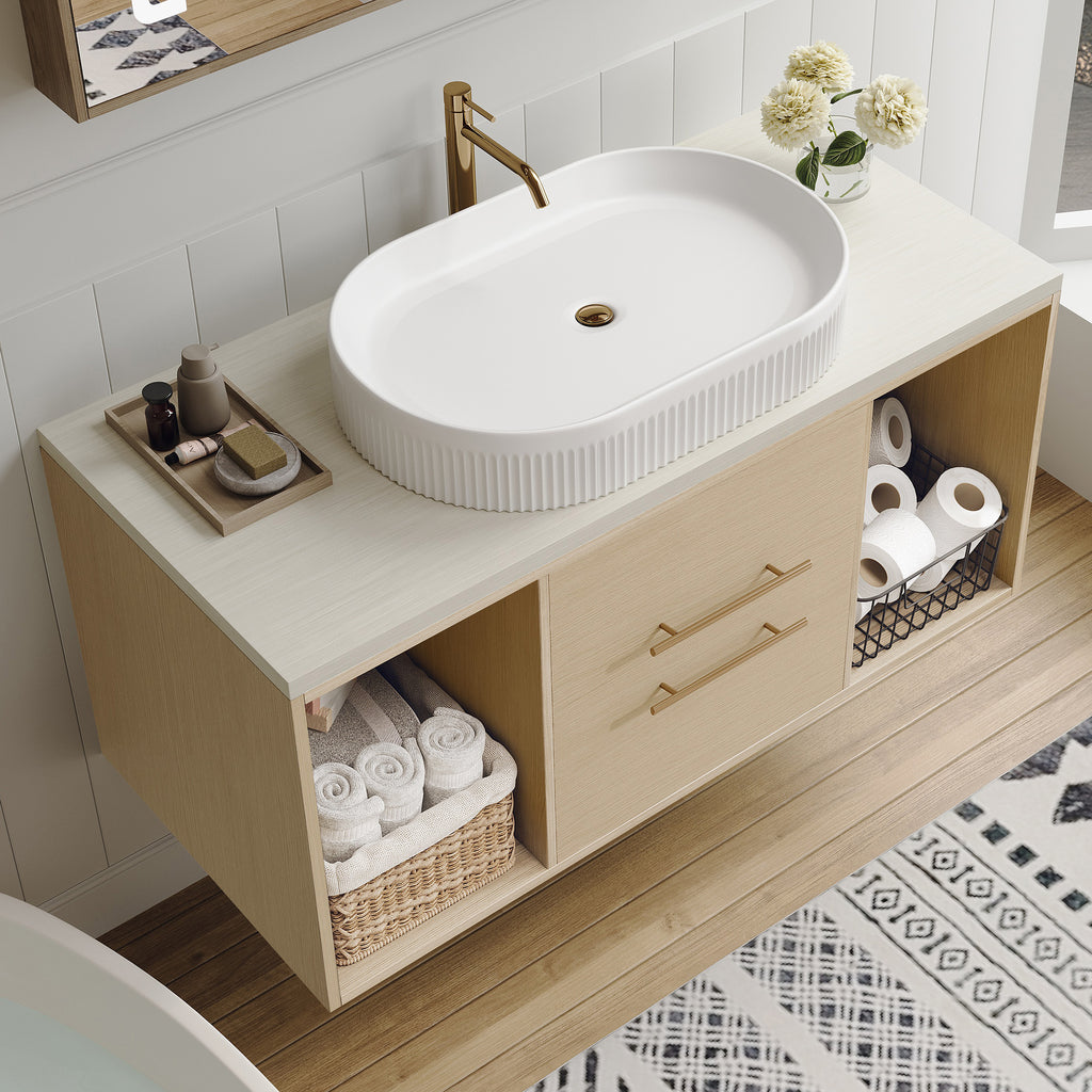 White bathroom vanity — alternate angle