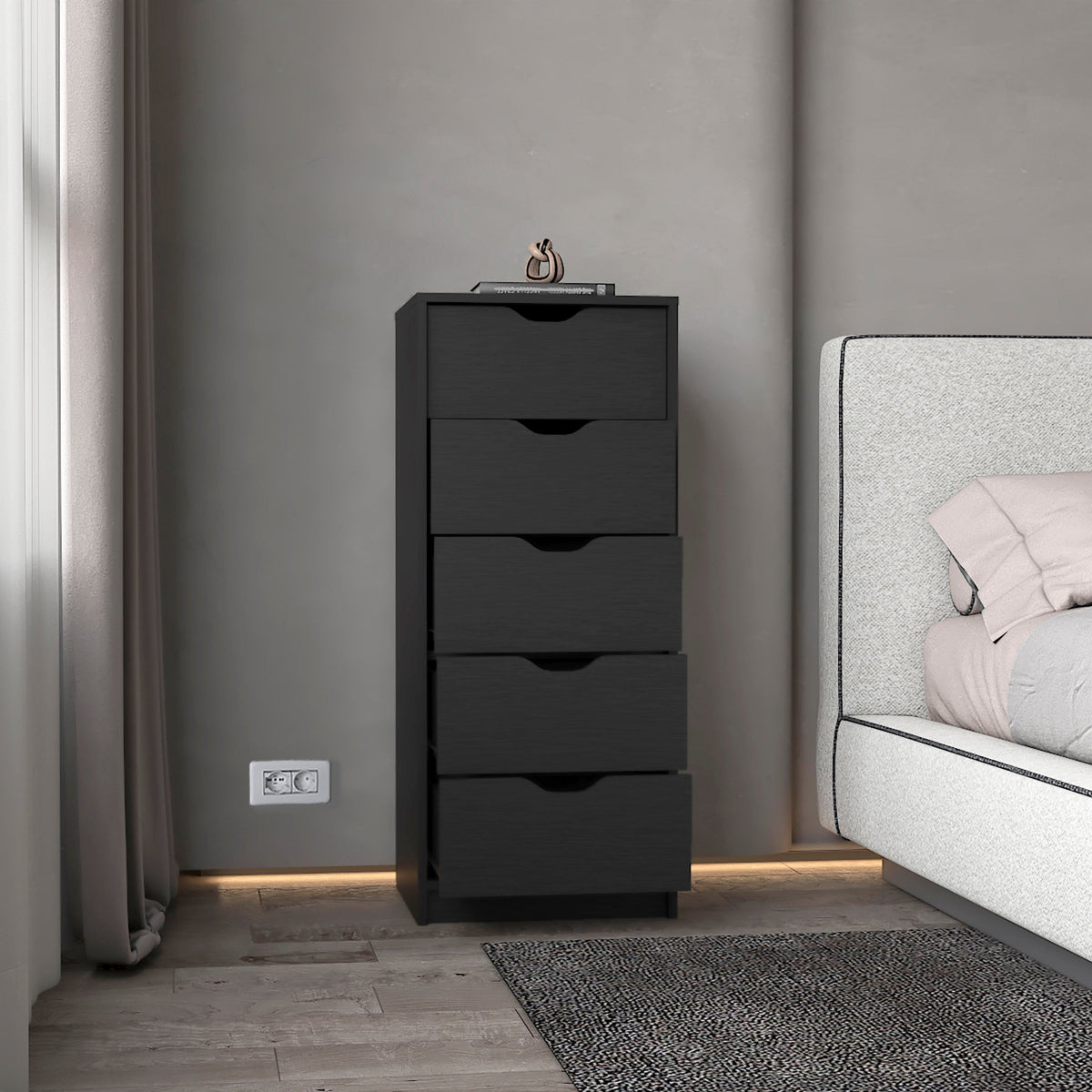Narrow dresser side view showing the slim profile