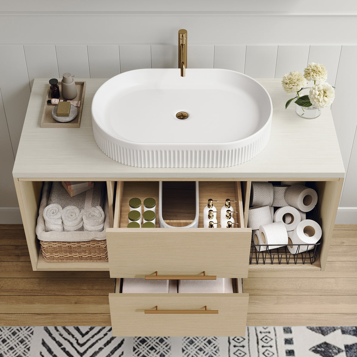 White bathroom vanity — detail view
