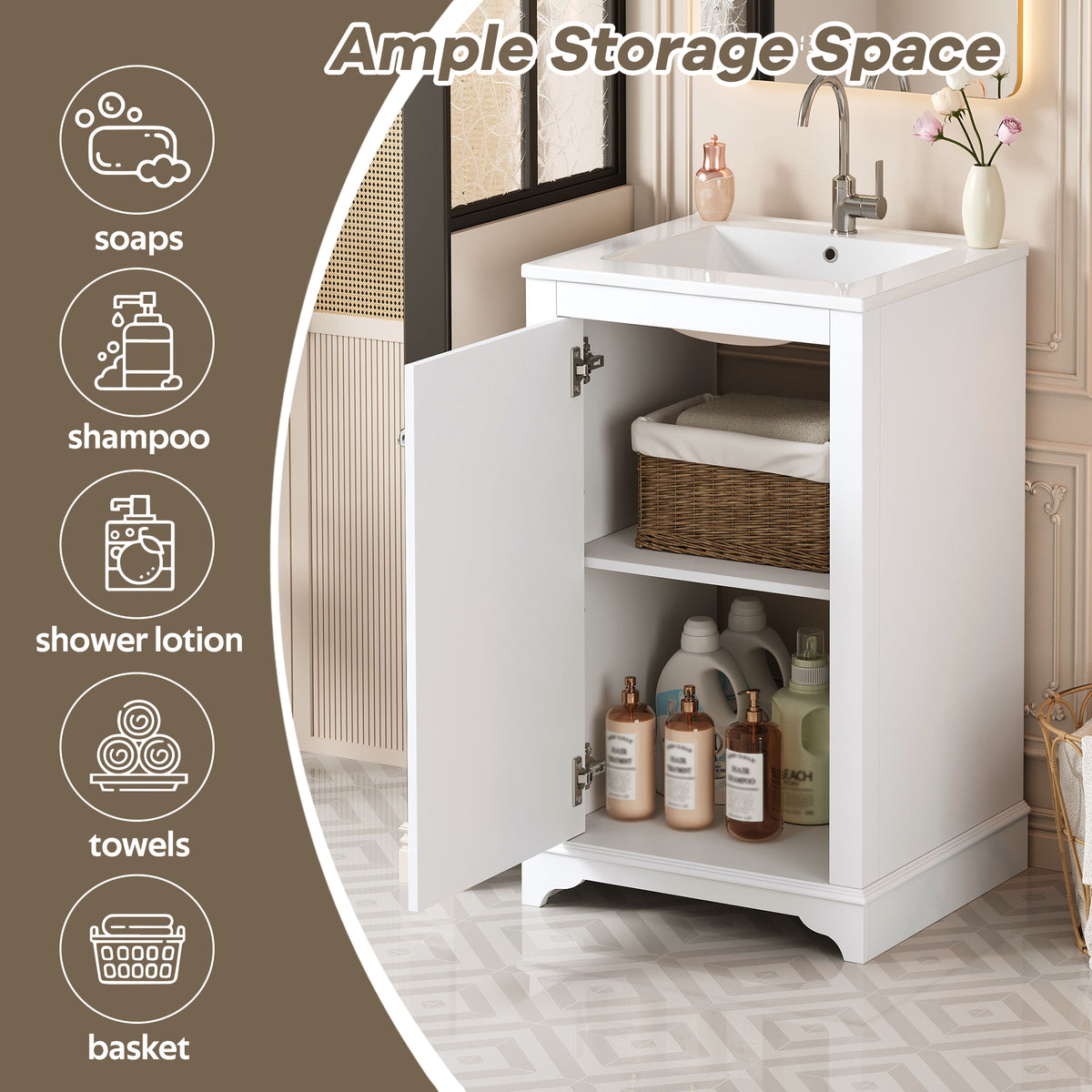 White bathroom vanity — alternate angle