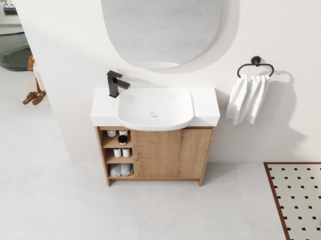 Imitative Oak bathroom vanity — styled view
