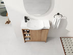 Imitative Oak bathroom vanity — styled view