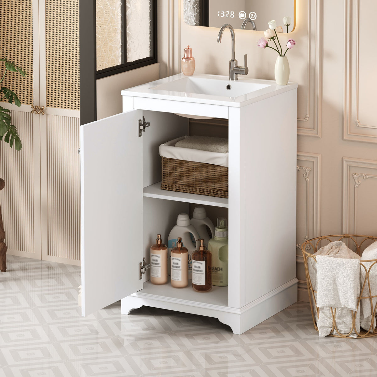 White bathroom vanity — styled view