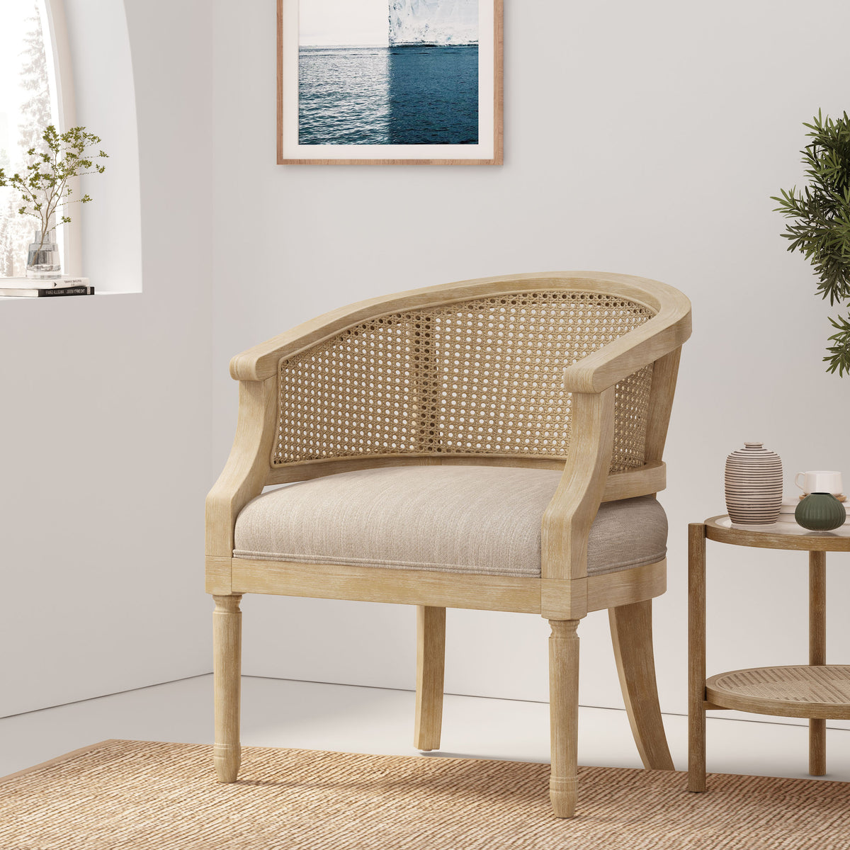 Beige accent chair — detail view
