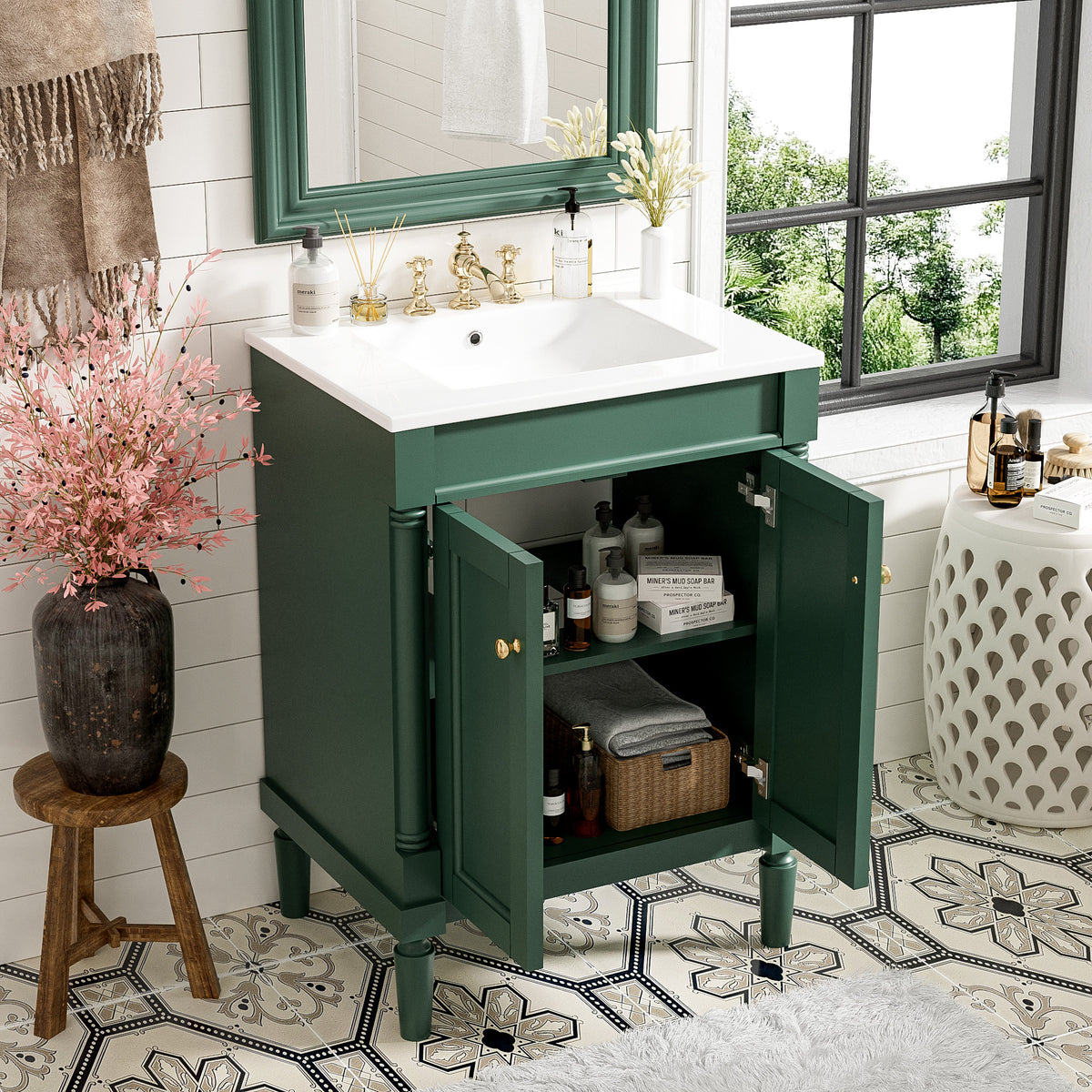 Green bathroom vanity — styled view