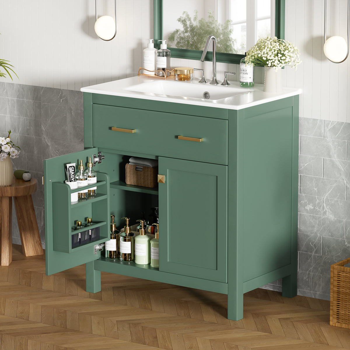 Green bathroom vanity — front view