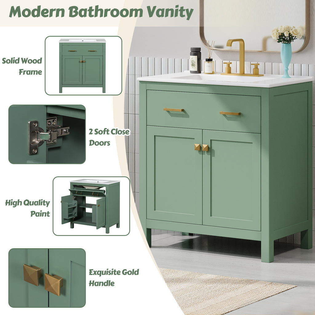 Green bathroom vanity — styled view