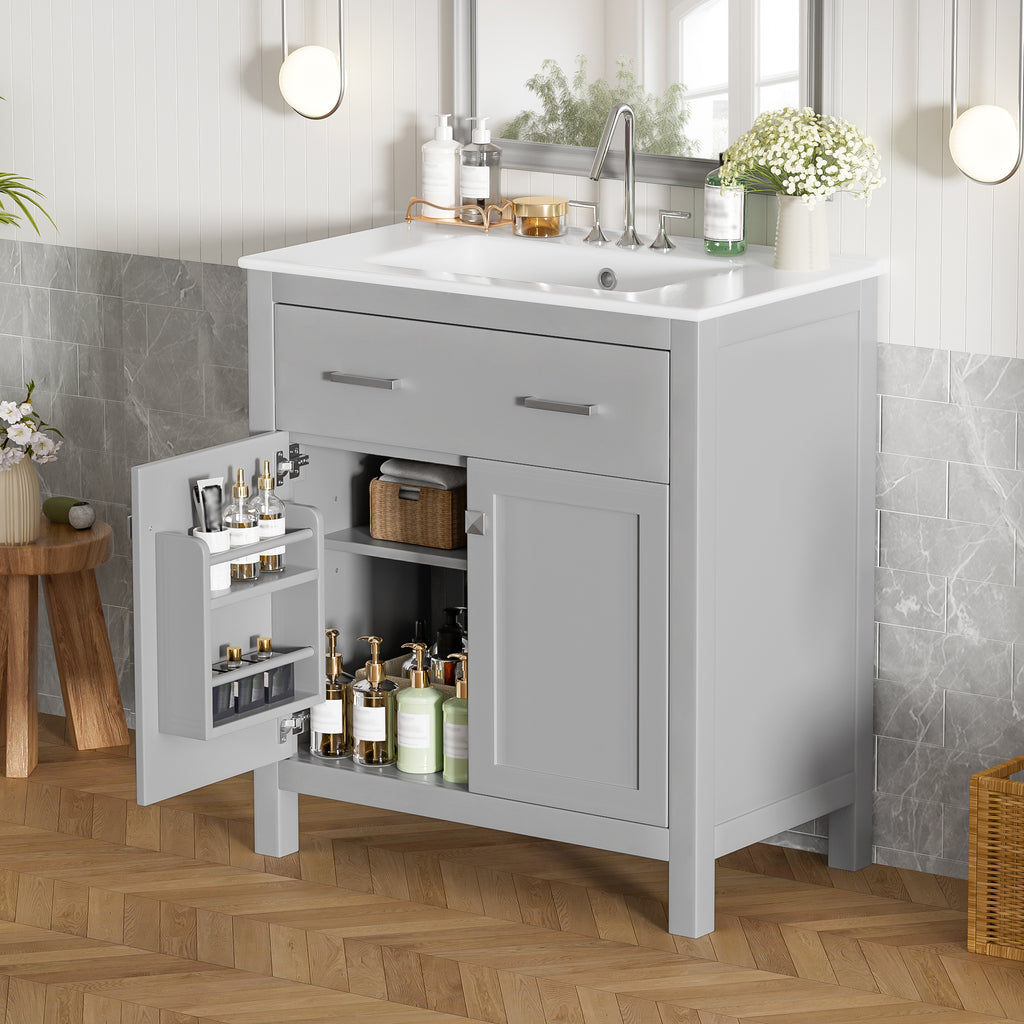 Gray bathroom vanity — front view