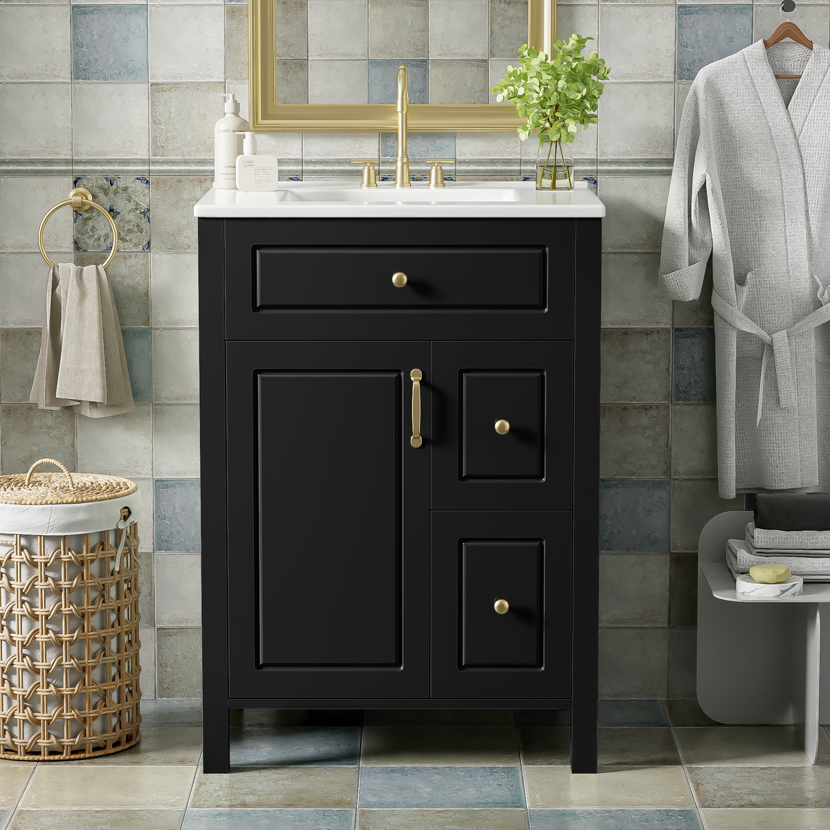 Black bathroom vanity — detail view