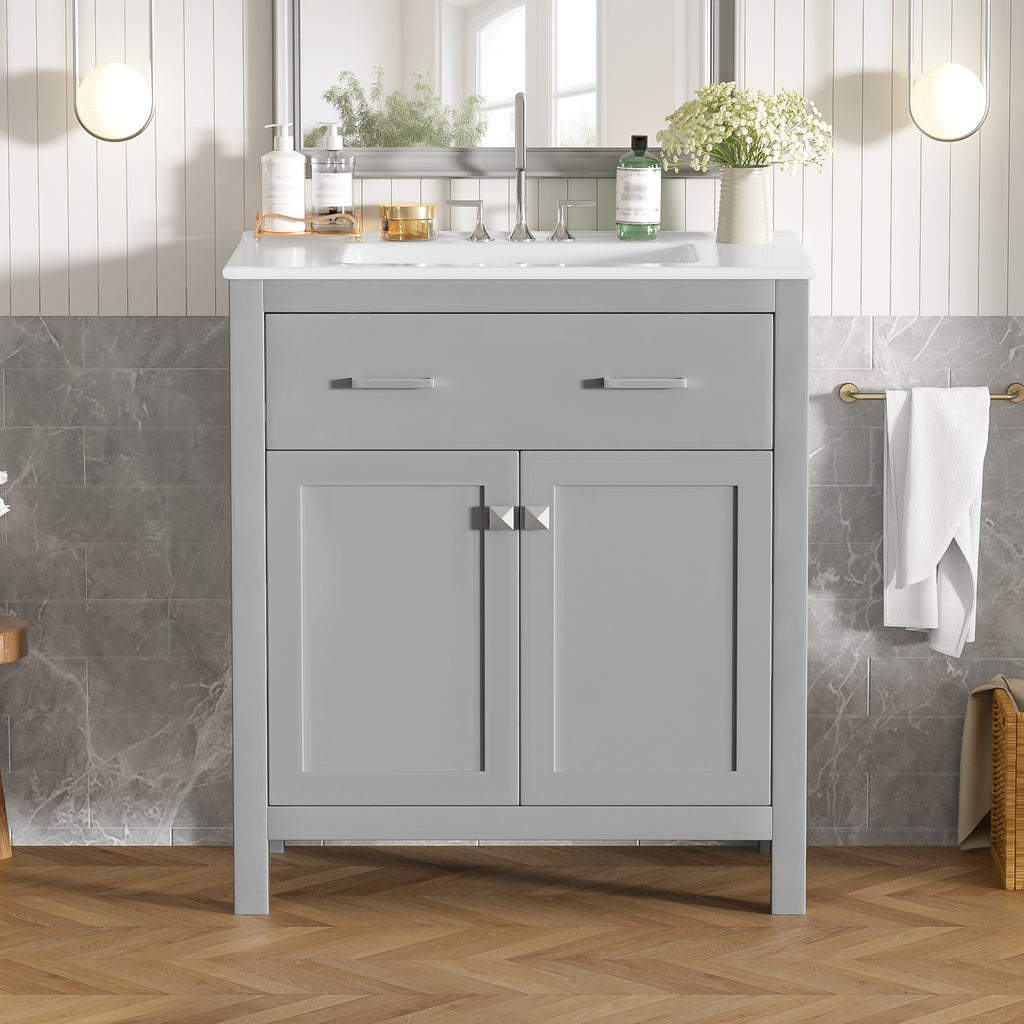 Gray bathroom vanity — detail view