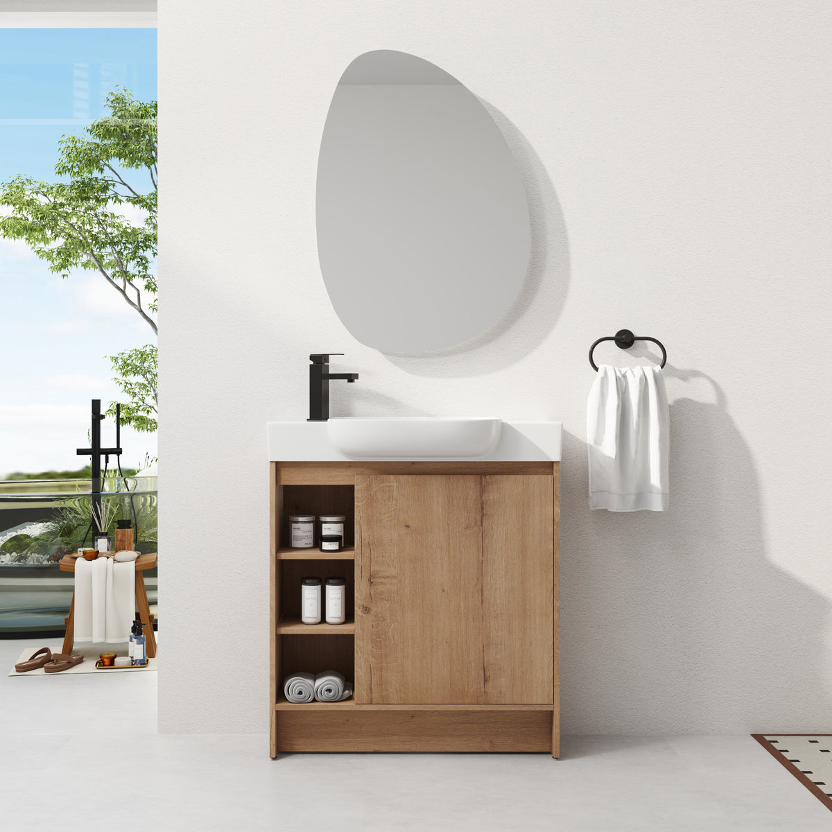 Imitative Oak bathroom vanity — front view